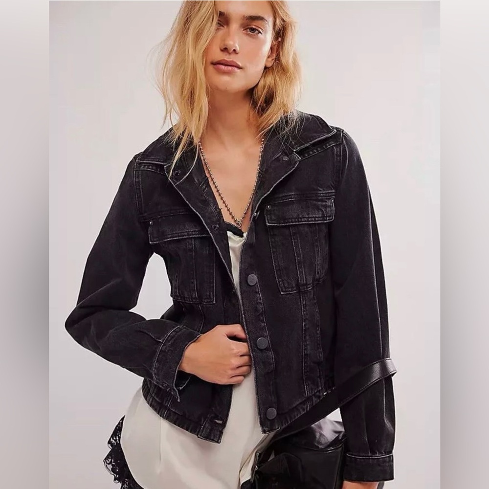Free People Jade Asymmetrical Hem Denim Jacket in Washed Black